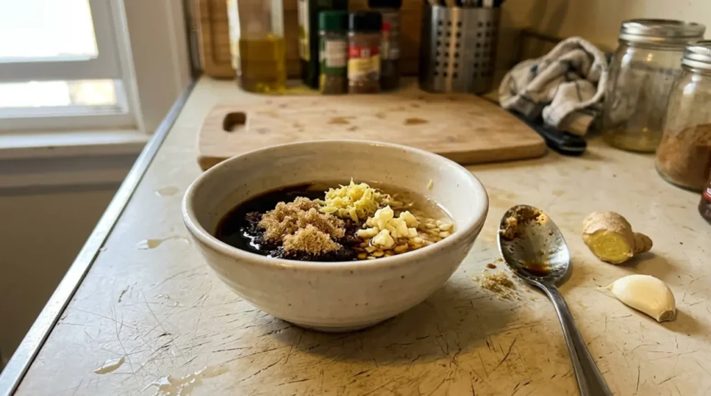 Bowl of homemade teriyaki sauce with garlic and ginger being whisked