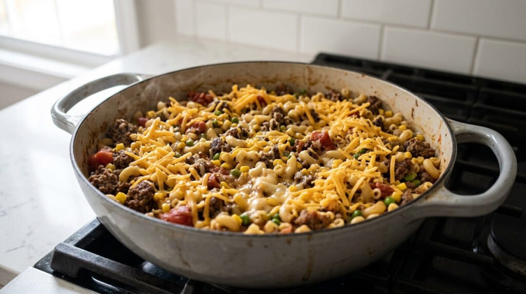 Cheese melting into the creamy casserole