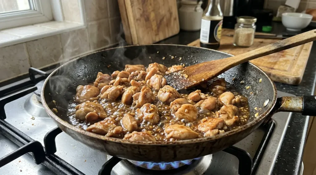 Chicken thighs developing a golden crust in a hot skillet