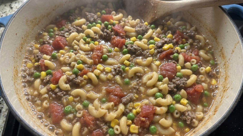 Covered skillet with creamy pasta nearly finished