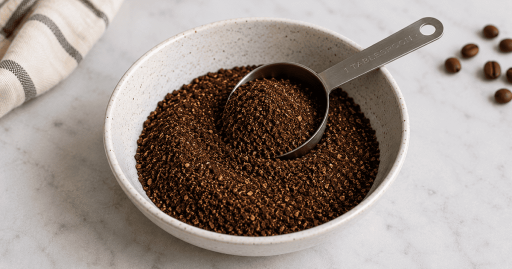 Fresh coarse coffee grounds in a bowl
