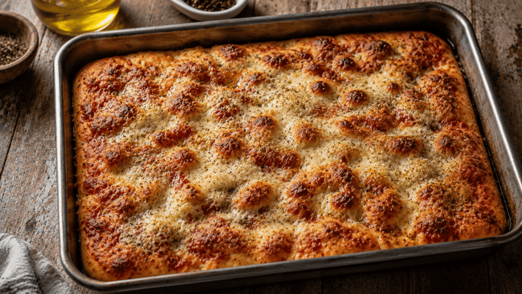 Freshly baked focaccia pizza