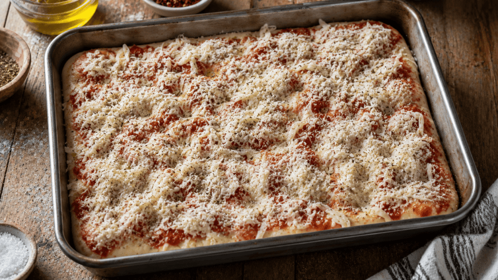 Fully topped pizza before baking