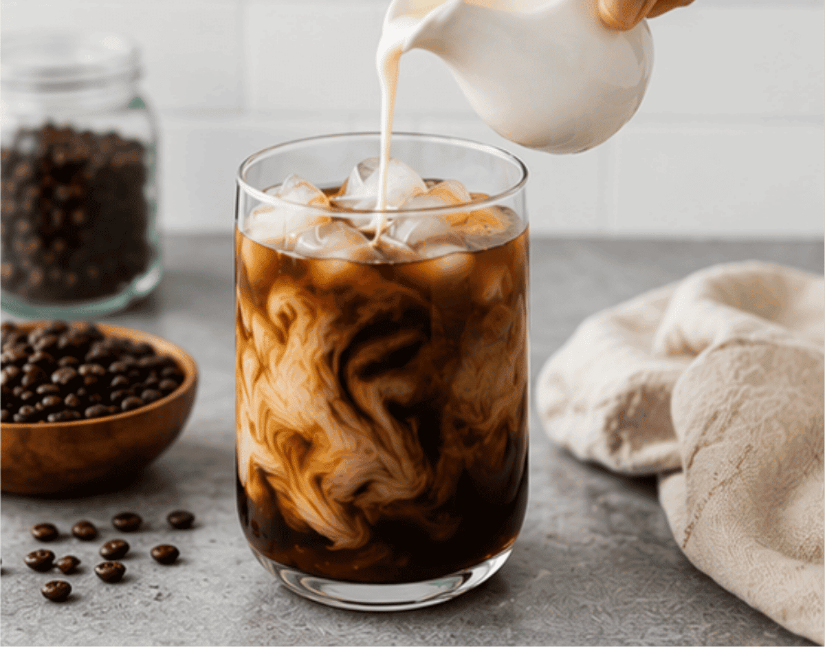 Glass of cold brew french press ice and milk