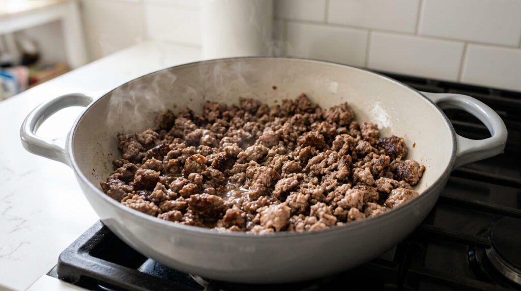 Ground beef browned in a large skillet with small crumbles