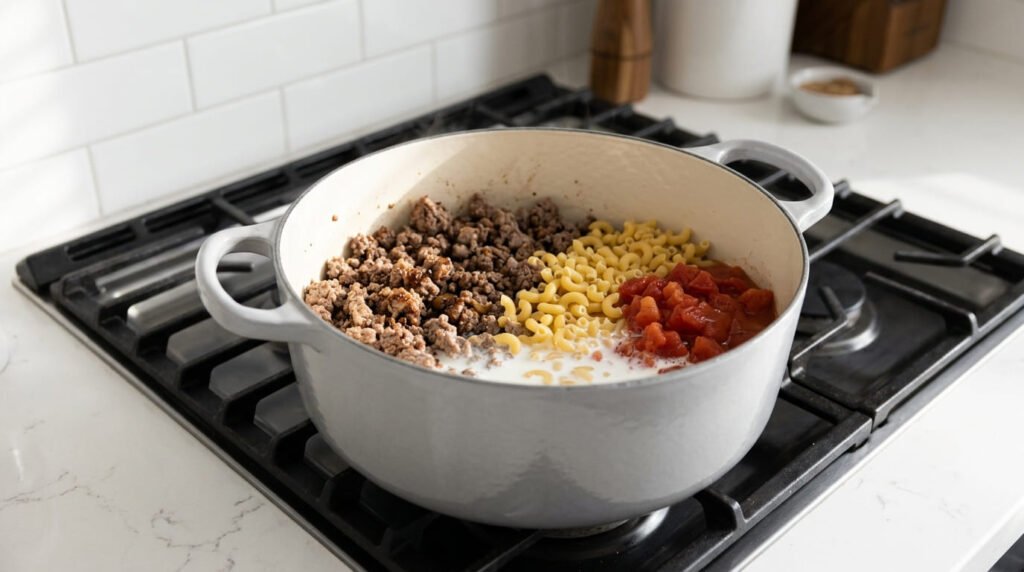 Macaroni, milk, and tomatoes being stirred into the beef
