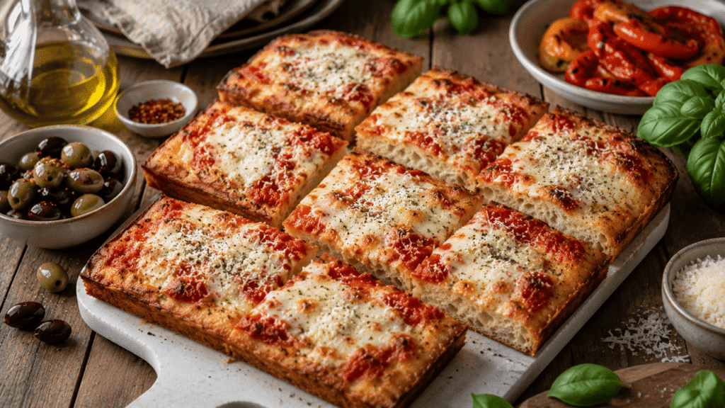 Sliced focaccia pizza