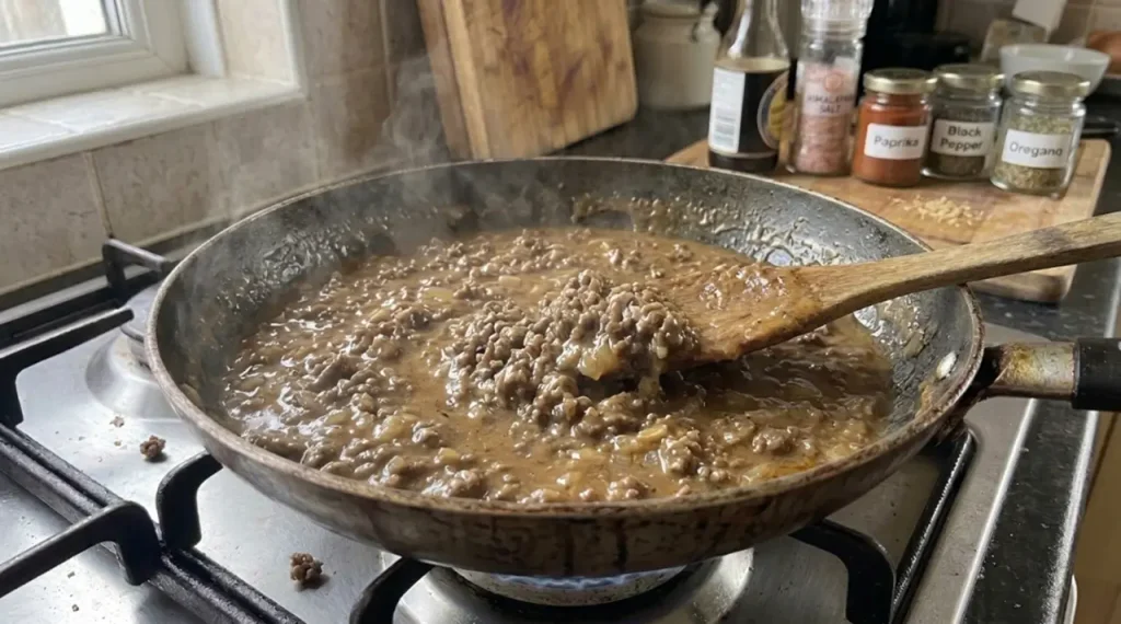Creamy beef gravy being stirred in the skillet, with visible browned beef