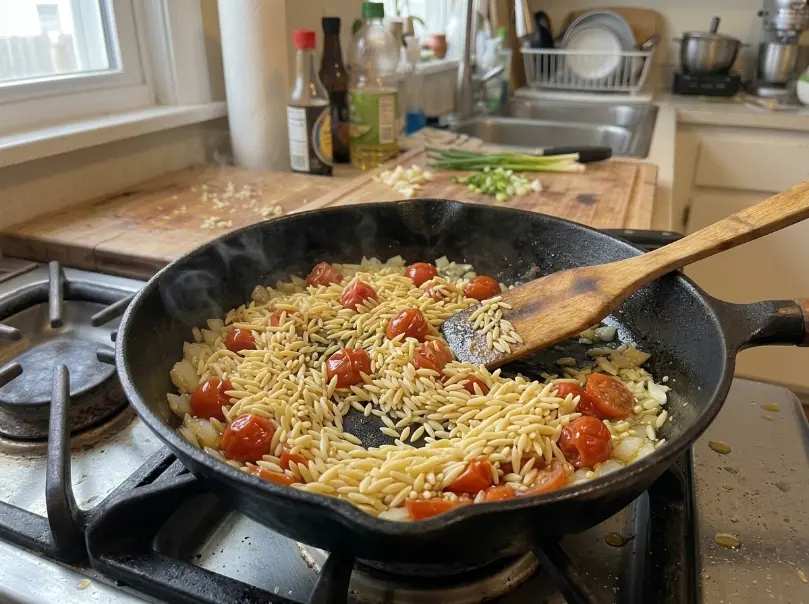 Dry orzo being stirred through the vegetables in the skillet