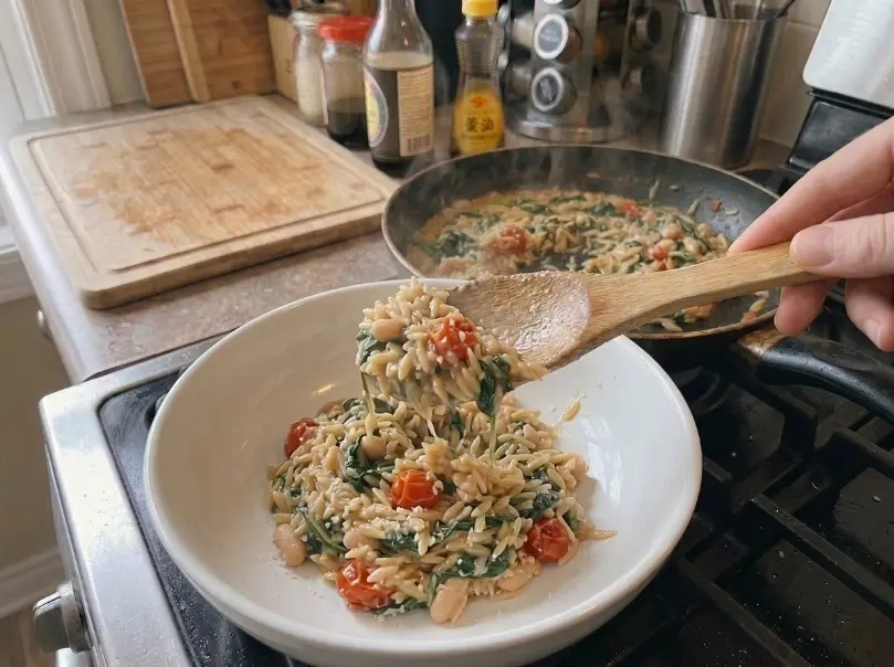 Finished creamy orzo being spooned into a bowl with basil and Parmesan