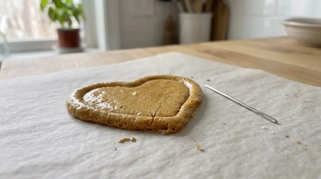 Finished heart-shaped dalgona candy cooling on parchment with a few crumbs around the edge