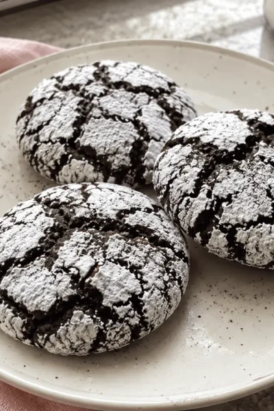 Freshly baked chocolate crinkle cookies coated in powdered sugar