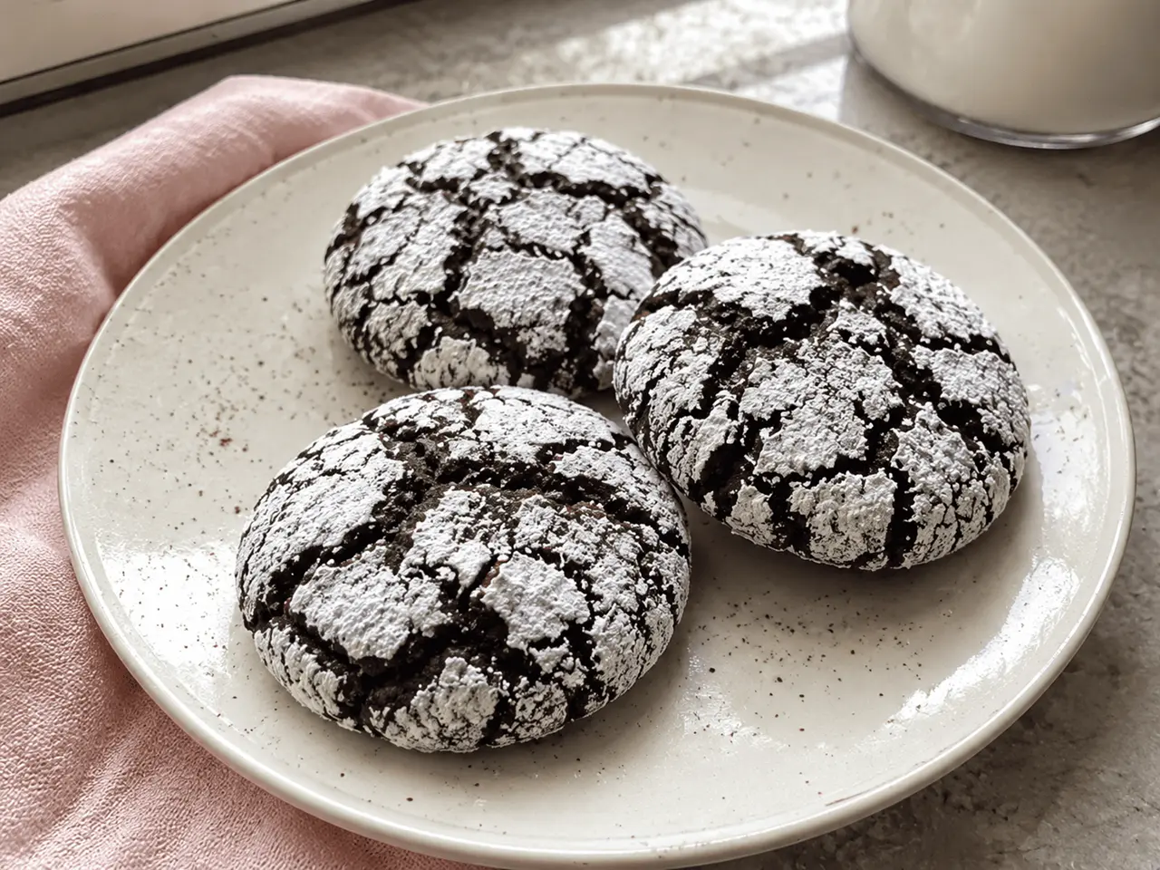 Freshly baked chocolate crinkle cookies coated in powdered sugar