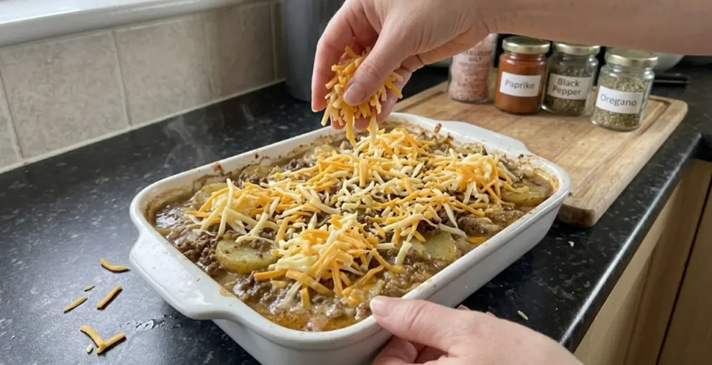 Freshly uncovered casserole topped with shredded cheese before the final bake
