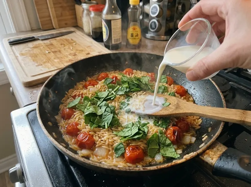 Milk and chopped spinach being stirred into the cooked orzo
