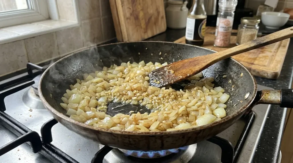 Onion and minced garlic softening in a skillet