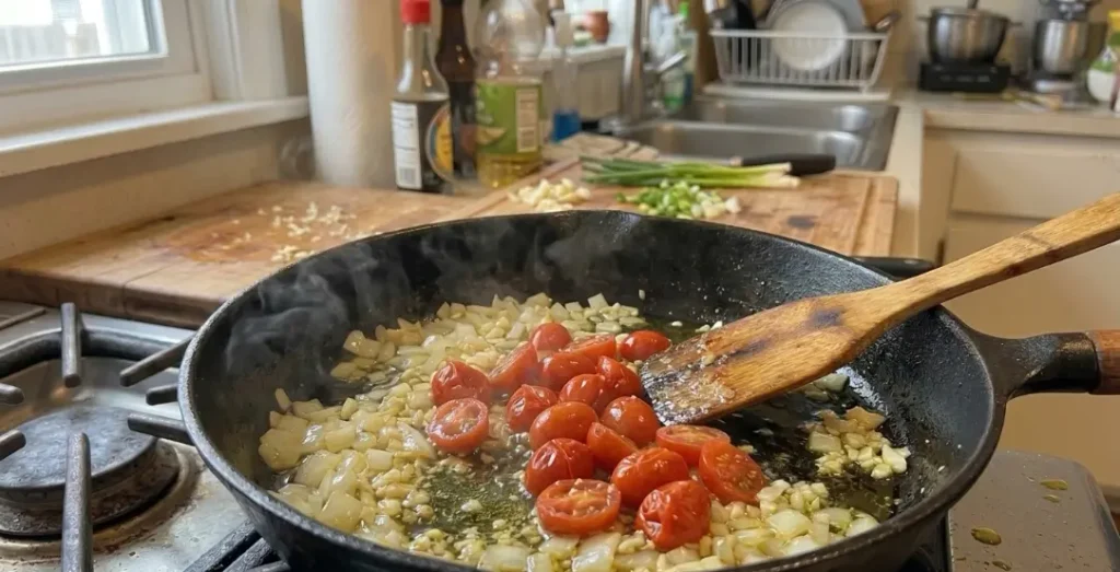 Onion, tomatoes and garlic cooking in olive oil in a large skillet