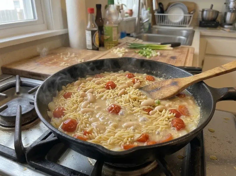 Orzo simmering with visible creamy cooking liquid in the skillet