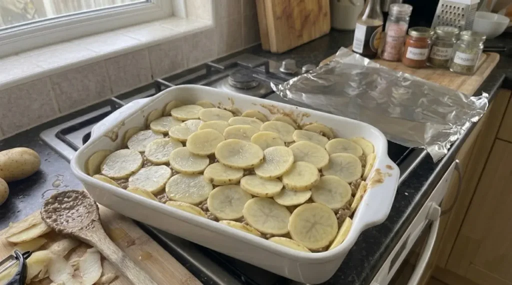Potato and beef layers being assembled in a rectangular casserole dish