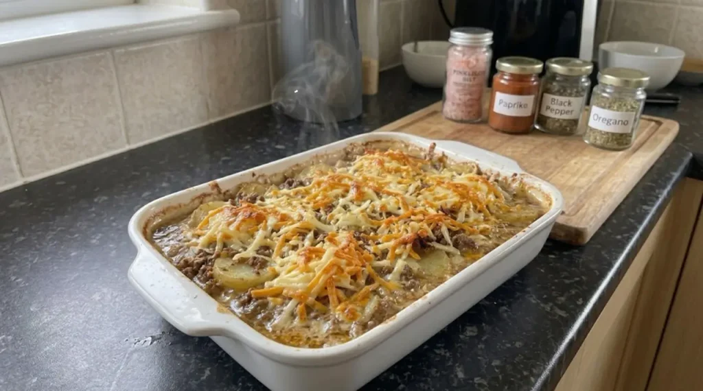 Realistic serving of cheesy ground beef potato casserole