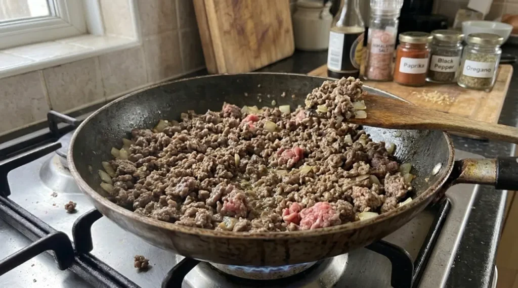 Seasoned ground beef browning with onions in a large skillet