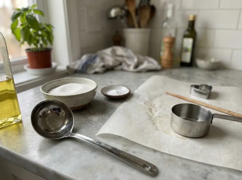 Small bowl of sugar, tiny pinch of baking soda, parchment paper, chopstick, and cookie cutter arranged casually on a kitchen counter