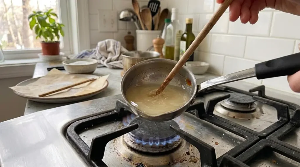 Smooth light-amber melted sugar being stirred with a wooden chopstick