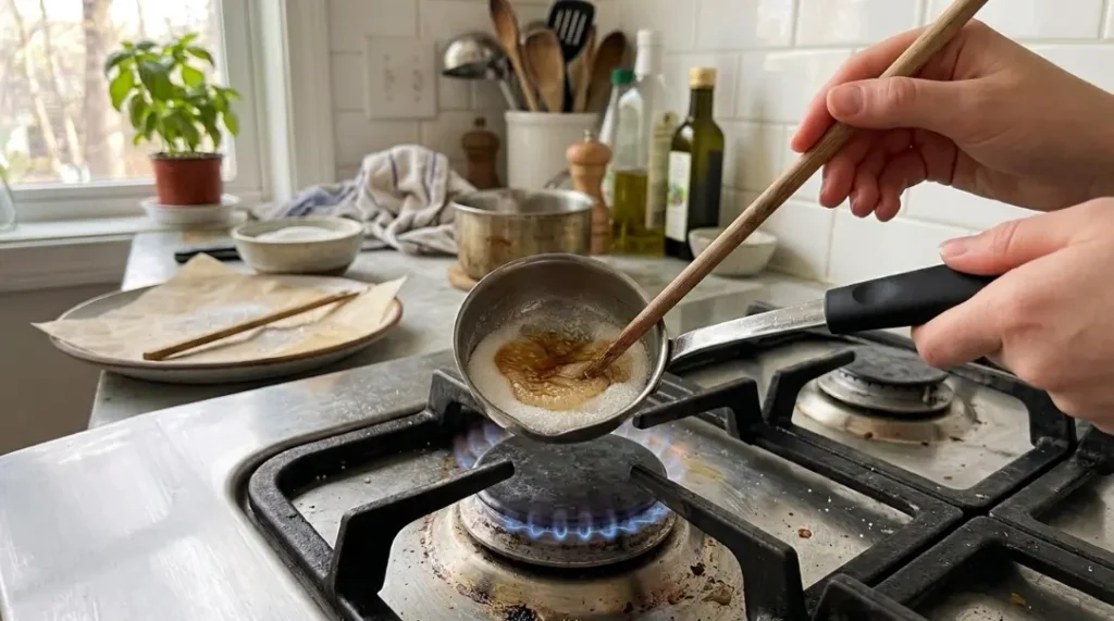 Sugar beginning to melt around the edges of a small metal ladle over a home stovetop