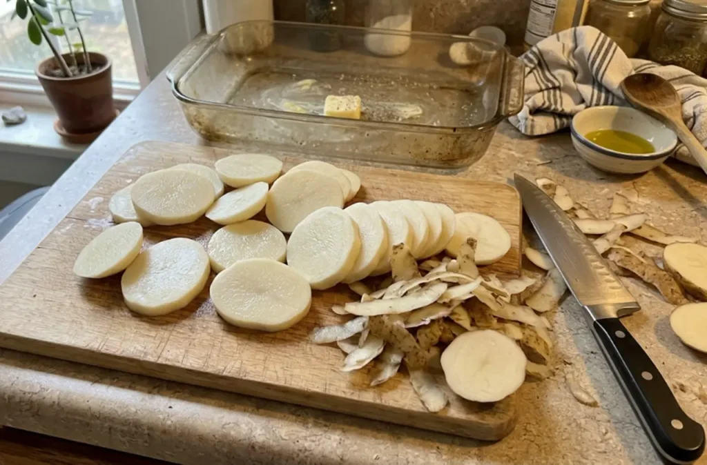 Thinly sliced potatoes arranged beside the baking dish on a home kitchen counter