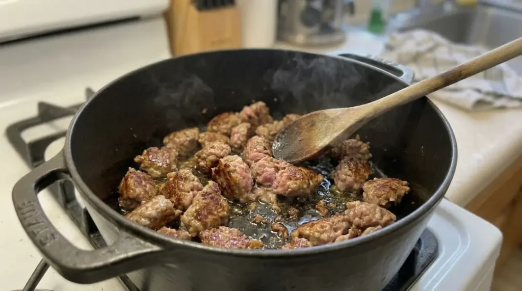 browned breakfast sausage cooking in the same Dutch oven