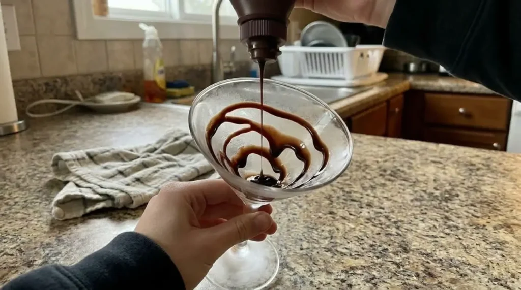 chocolate syrup around the inside of the chilled Martini glass