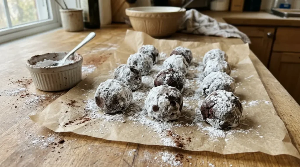 dark chocolate cookie dough balls coated in powdered sugar