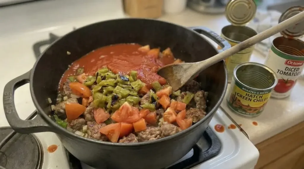 tomatoes, green chiles, tomato paste, and seasoning being stirred together