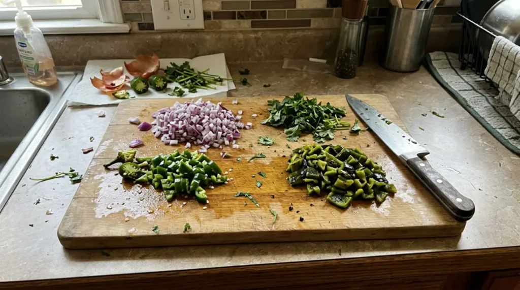 Chipotle corn salsa recipe Fresh ingredients being chopped