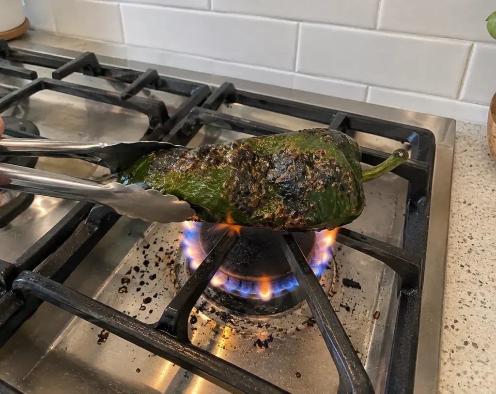 Chipotle corn salsa recipe Poblano being roasted