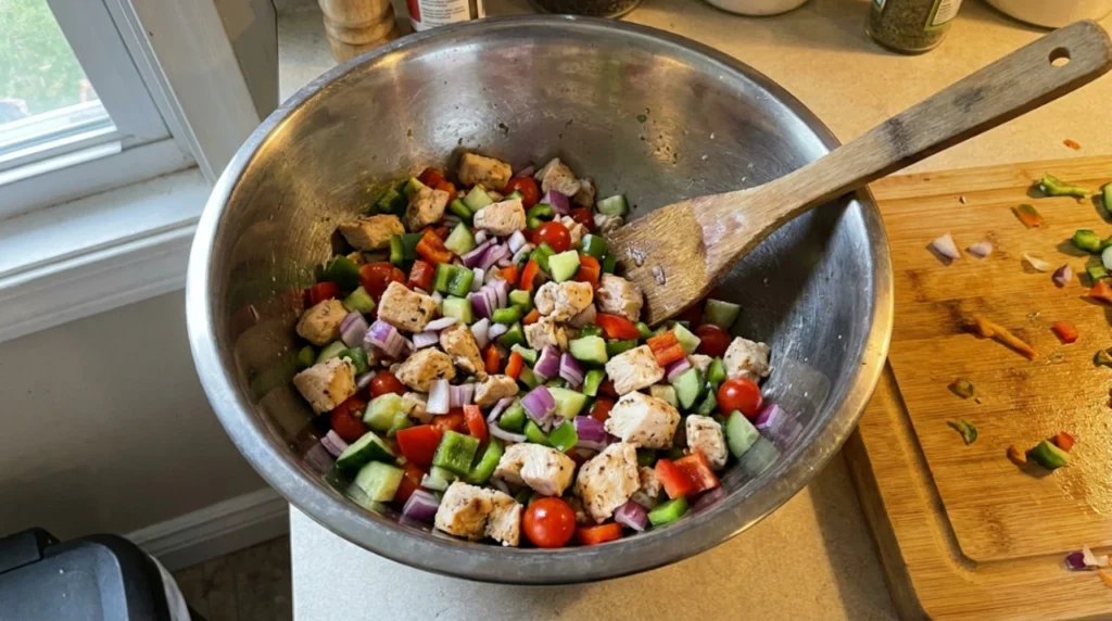 Chopped chicken and colorful vegetables combined in a large mixing bowl