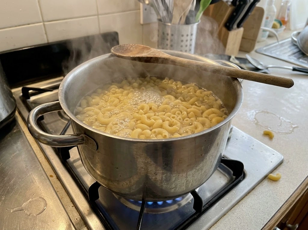Elbow macaroni boiling in a large pot of salted water
