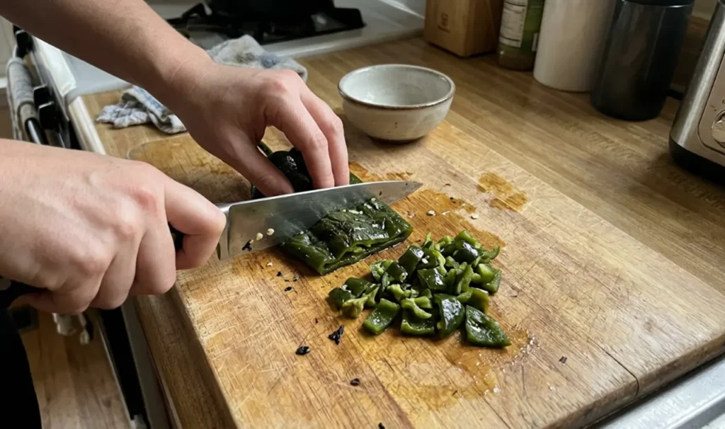 Peeled poblano being chopped