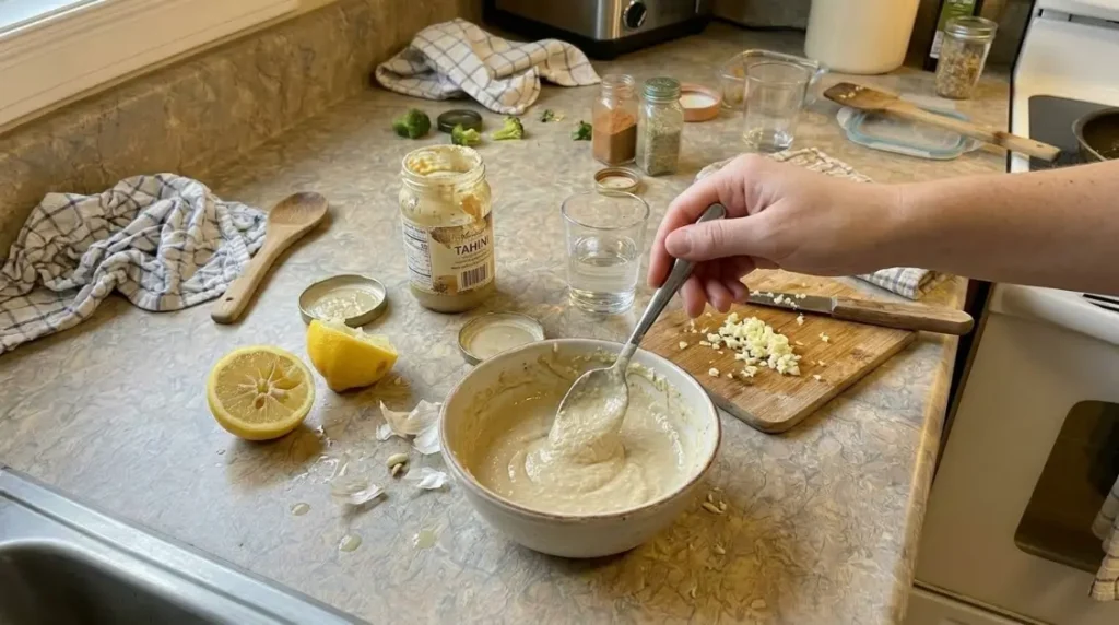 Tahini-Lemon Sauce Being Mixed