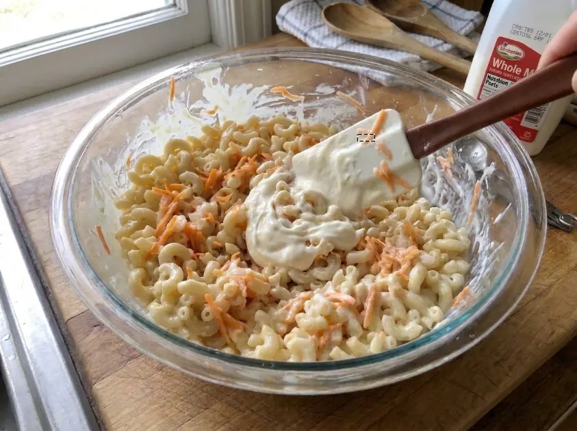 Whisking mayonnaise, milk, sugar, salt, and pepper in a mixing bowl