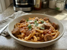 casarecce pasta with sausage finished