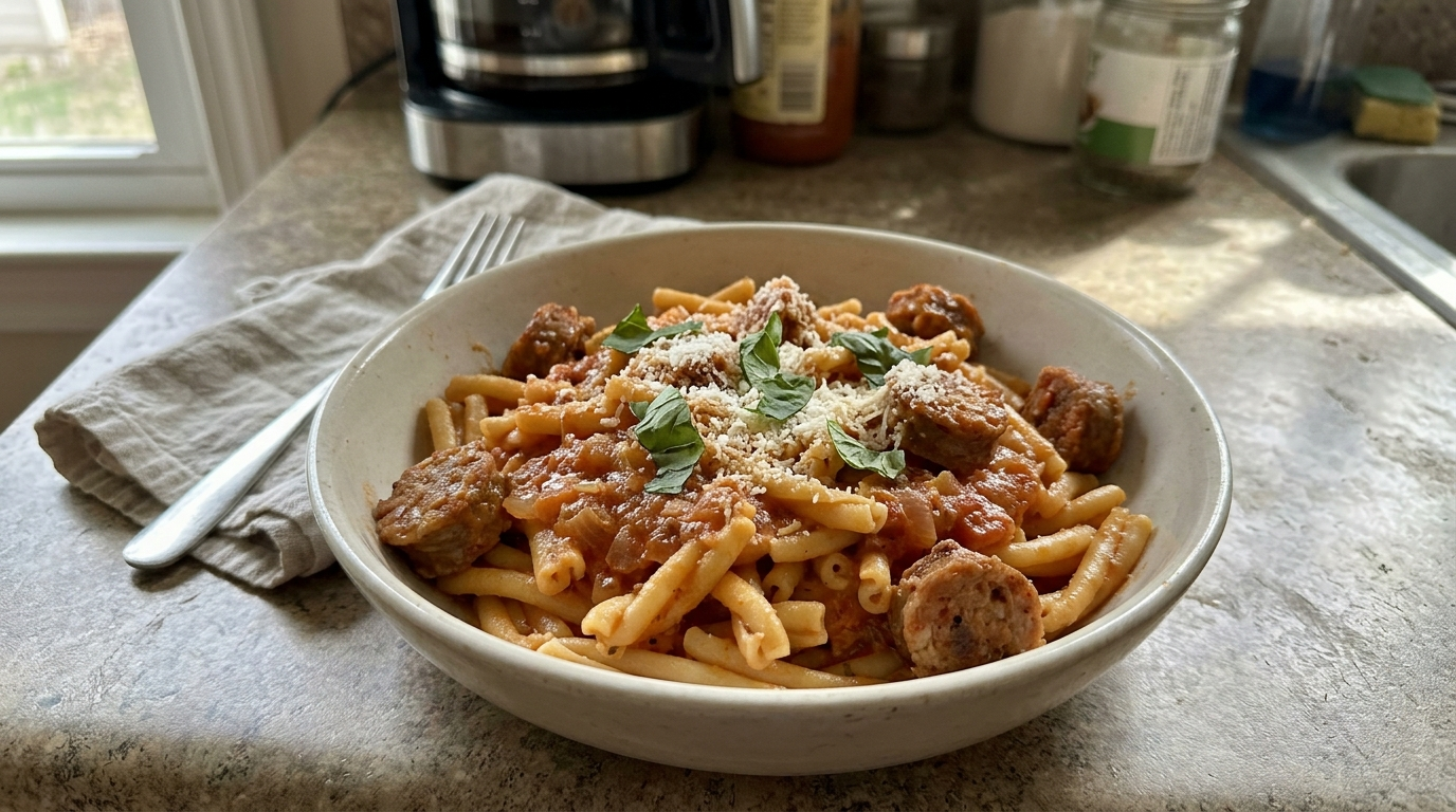 casarecce pasta with sausage finished