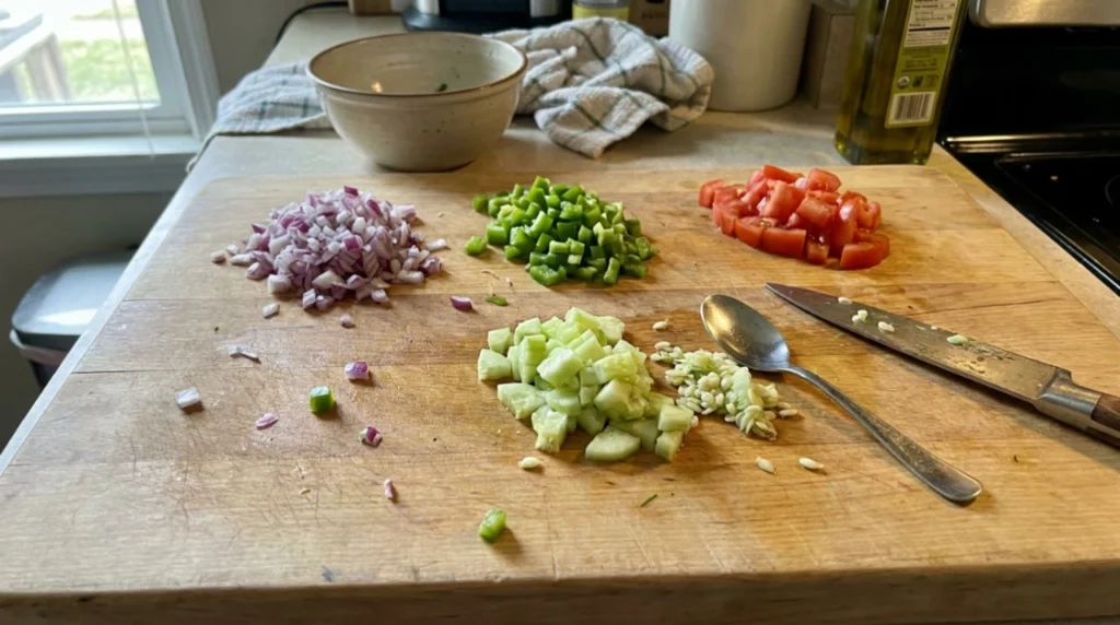 chopped onion, bell pepper, cucumber, and tomato