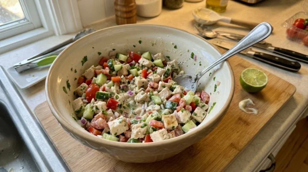 creamy mayonnaise into the chicken and vegetable mixture