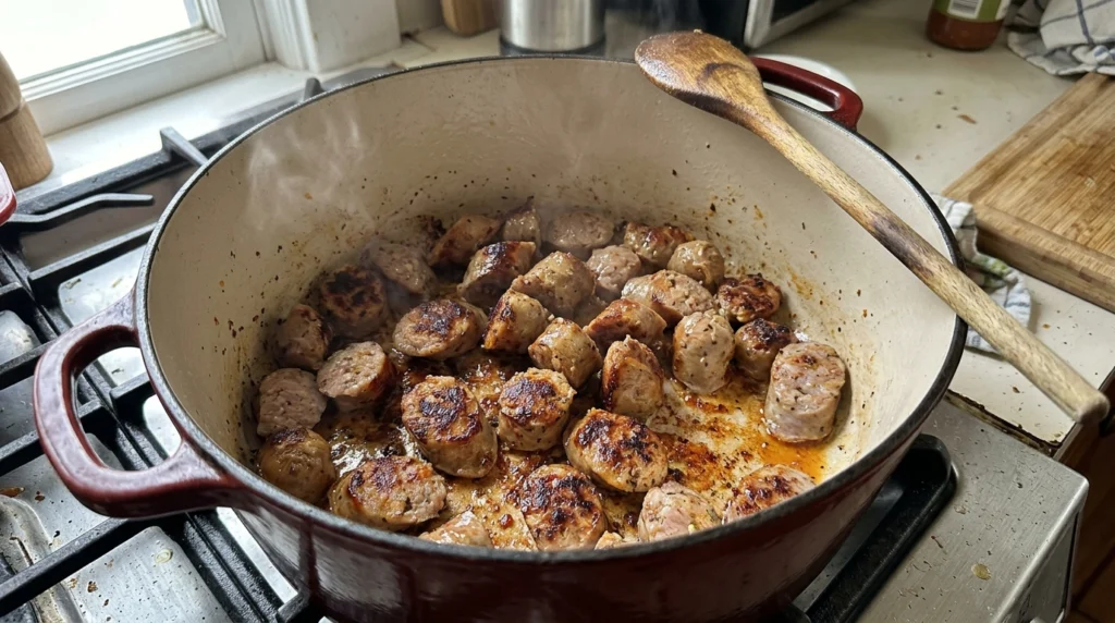 sliced Italian sausage browning
